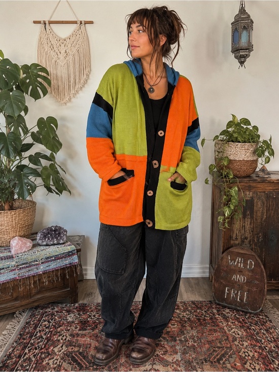 St Louis Sweaters - St Louis Handloomed USA Colorblock Hooded Oversized Knit Cardigan Jacket M